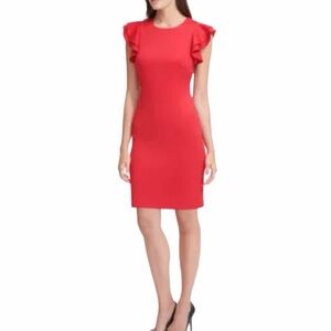 Tommy Hilfiger Scuba  Sheath Red Mini Dress with Ruffle Sleeves. NWT
